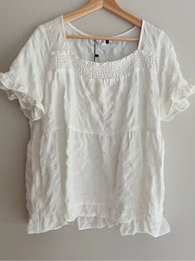 Smocked Square-Neck White Peasant Blouse